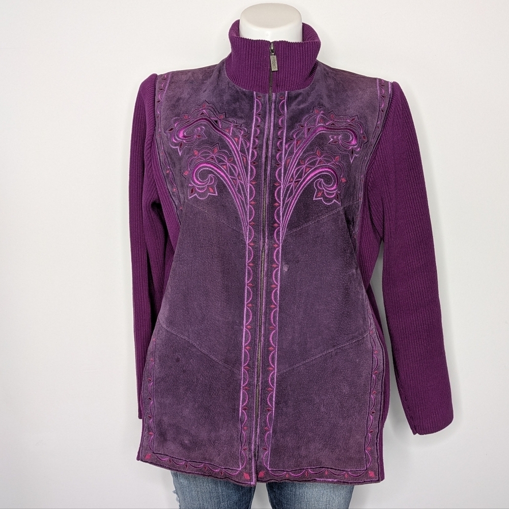 Bob Mackie Purple Embroidered Art To Wear Leather Panel Zip Up Jacket 1X
